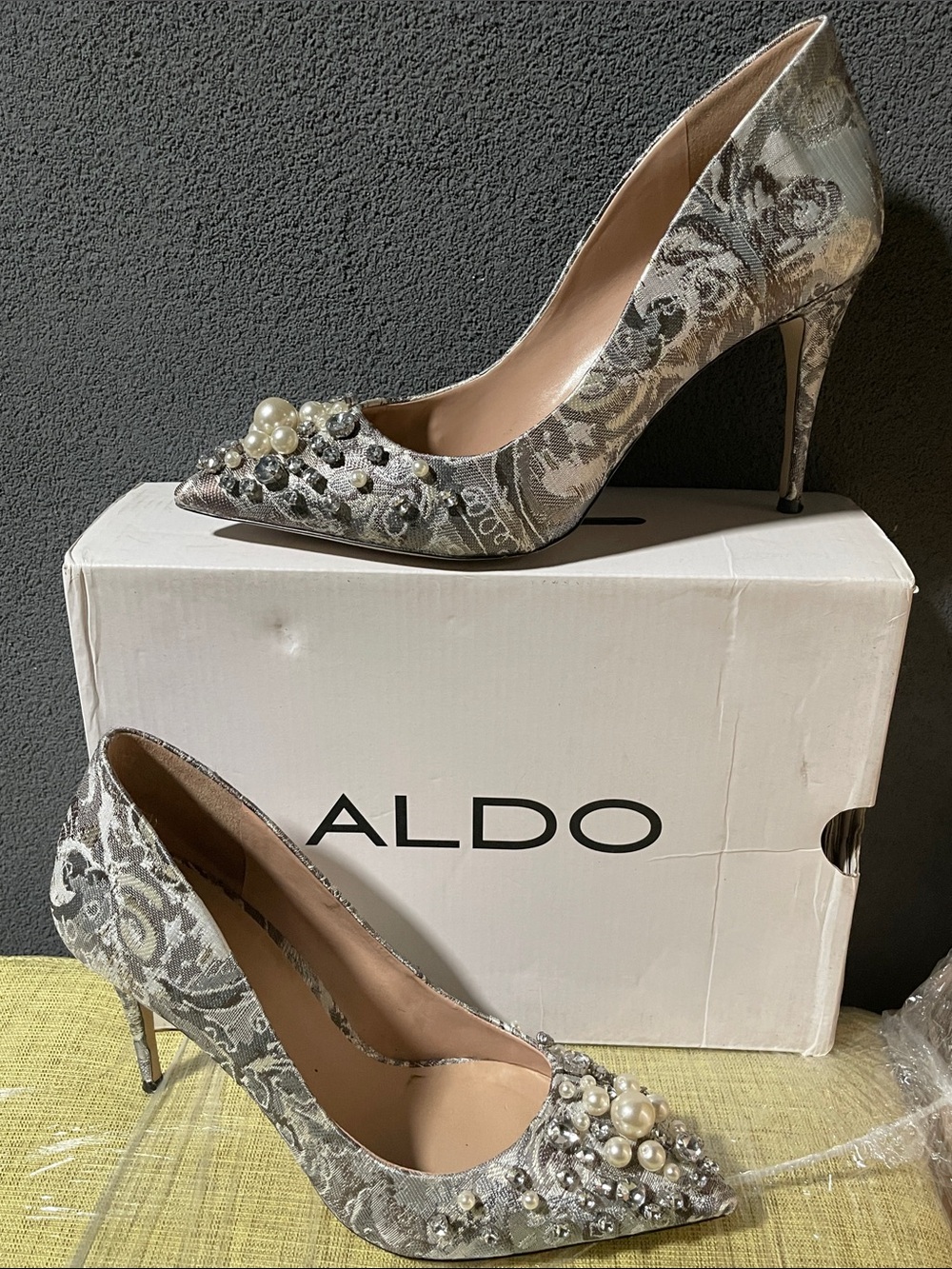 Aldo Silver Brocade Pearl & Crystal Pointed-Toe Heels